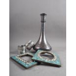 A Persian white metal inlaid sprinkler bottle, 9 3/4" high, a pair of turquoise and paste set