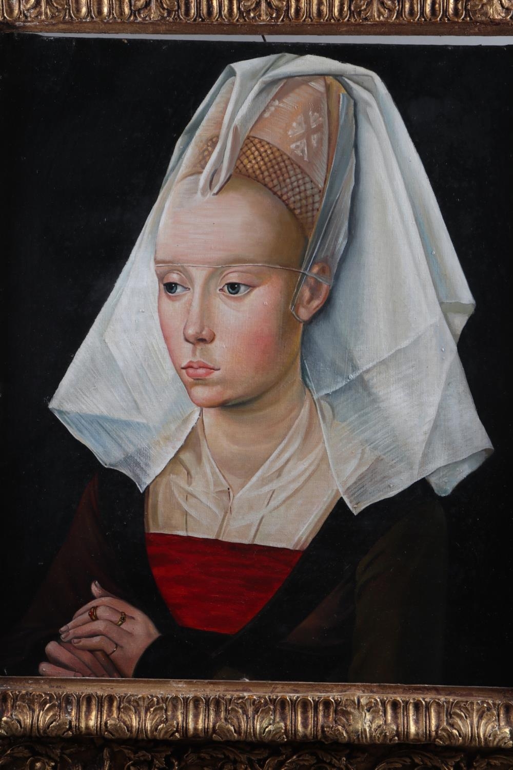 Dutch School after Van Eyke: oil on canvas, portrait of a woman, 22 1/2" x 19", in deep carved - Image 2 of 10