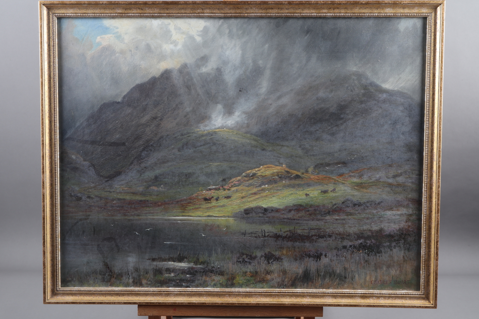 Charles Stewart: oil on canvas, Highland landscape with croft and cattle, 17 1/2" x 23