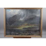 Charles Stewart: oil on canvas, Highland landscape with croft and cattle, 17 1/2" x 23