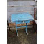 A rustic blue painted shape top table, fitted one drawer, on panel end supports, 26" wide x 19" deep