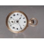 A 9ct gold cased open faced fob watch with white enamel dial and Roman numerals, 20g gross