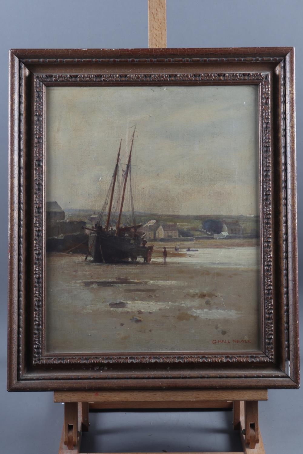 G Hall Neale: oil on board, coastal scene with fishing boat at low tide, 15 1/2" x 12 1/2", in