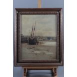 G Hall Neale: oil on board, coastal scene with fishing boat at low tide, 15 1/2" x 12 1/2", in