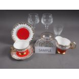 A Leonard St Pottery part teaset, six moulded glasses and other glassware