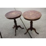 A pair of walnut marquetry circular top occasional tables, on tripod splay supports, 21" dia x 29"