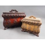 A carved hardwood casket of 18th century design, fitted tray, on scroll work feet, 12" wide, and a