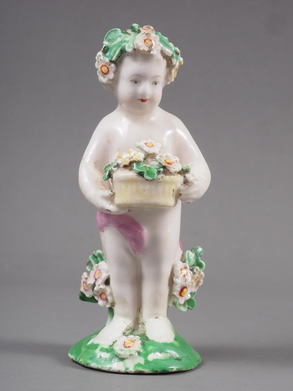 A Derby porcelain cherub with basket of flowers, 4" high, two similar figures, 4 1/2" high and 4" - Image 6 of 11