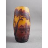A Daum Nancy overlaid and etched yellow ground cylinder vase with landscape decoration, 4 3/4" high