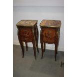 Two Louis XVI design marquetry and gilt brass mounted bedside cabinets, fitted slides, one over side