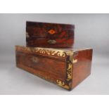 A 19th century rosewood and brass inlaid writing box with part fitted interior, 20" wide (veneers