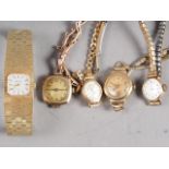 A lady's 9ct gold cased wristwatch, on 9ct gold expanding bracelet, three other 9ct gold case