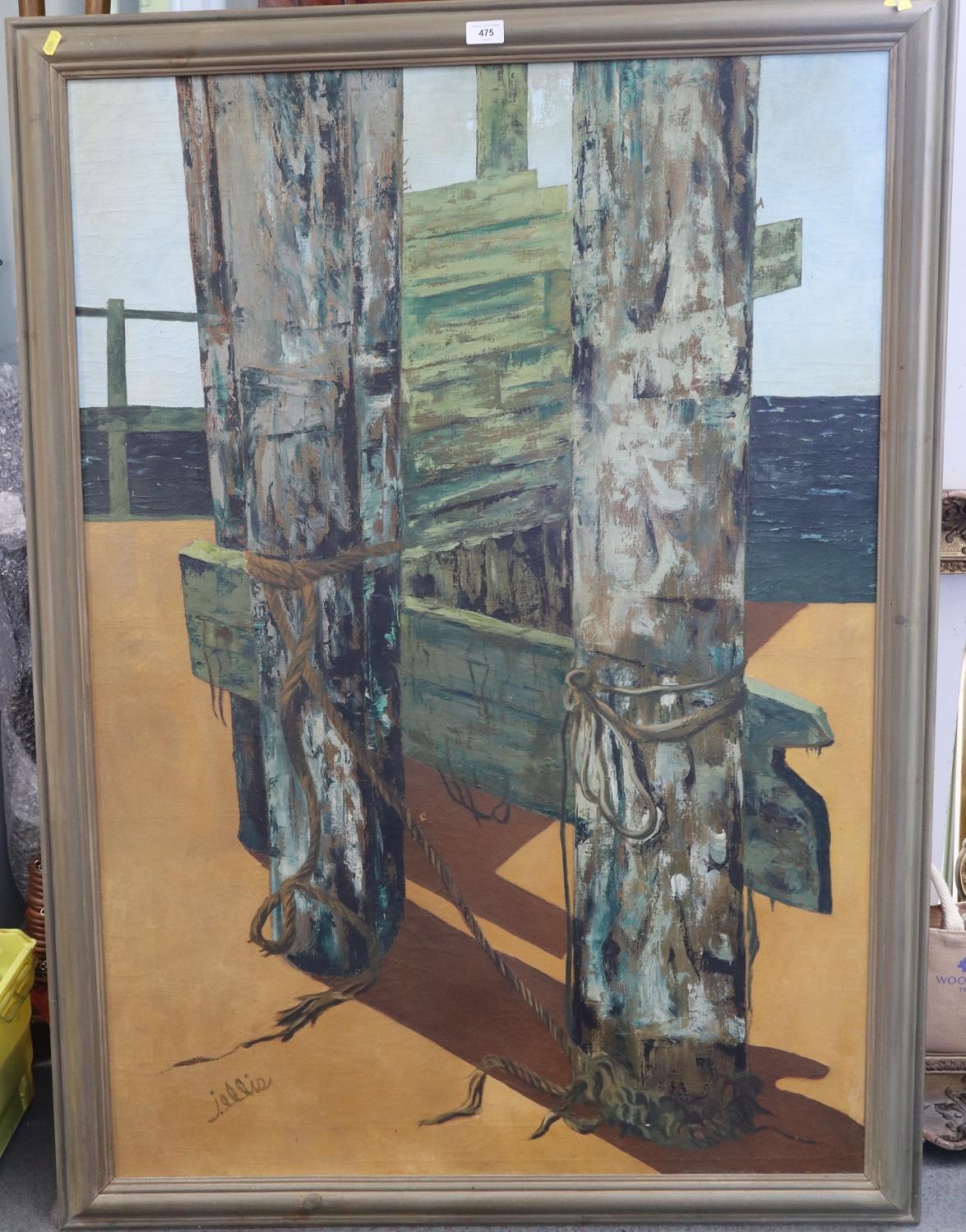 J Ellis: oil on canvas, seaside groyne, 47" x 33 1/2", in painted frame