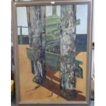 J Ellis: oil on canvas, seaside groyne, 47" x 33 1/2", in painted frame
