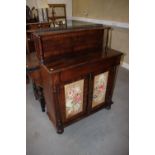 A Regency mahogany and brass gallery top chiffonier, fitted shelf over one long drawer and cupboards