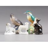 Two 19th century Staffordshire sheep, a bone china kingfisher, a thrush and a cat (some