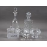 A cut glass sherry decanter, three spirit decanters, a collection of cut glass sherries, port