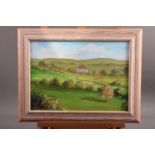 English School: oil on board, landscape with distant house, 9 3/4" x 13 1/2", in strip frame,