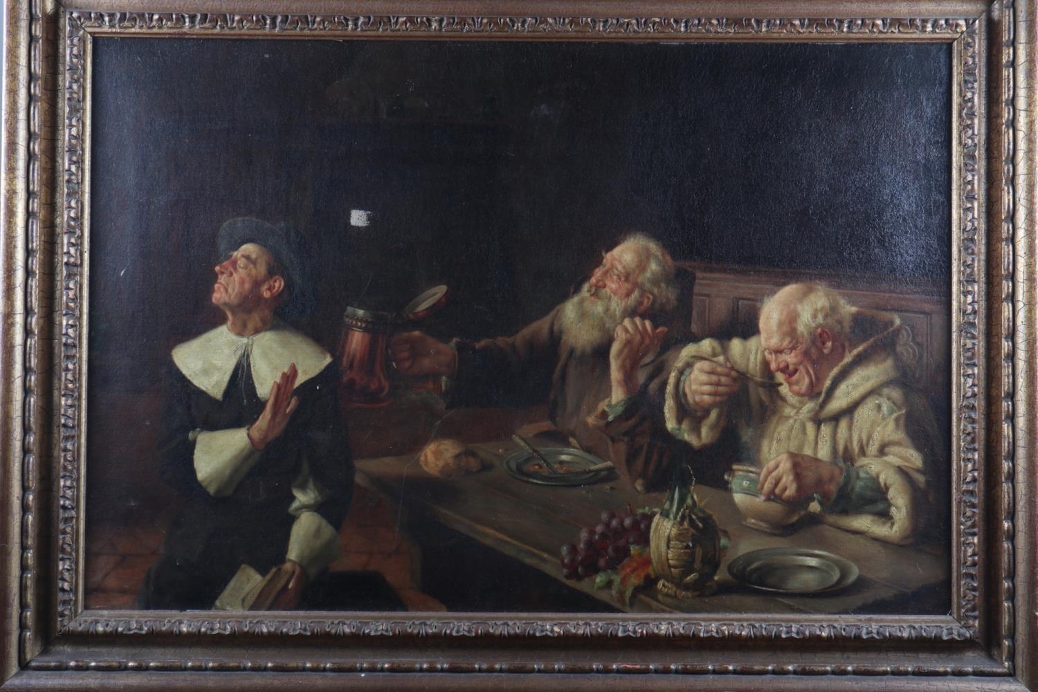 Frank Hyde: oil on canvas, "To the King", monks and a puritan, 19 1/2" x 29 1/2", in gilt frame (