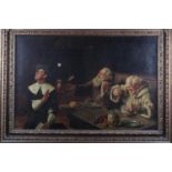 Frank Hyde: oil on canvas, "To the King", monks and a puritan, 19 1/2" x 29 1/2", in gilt frame (