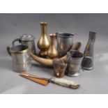 Four 19th century pewter mugs, two Chinese brass vases, other metalwares and a cow horn, carved "T.