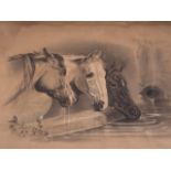 Thomas J Wrench?: charcoal drawing, study of three horses, 21" x 14", unframed