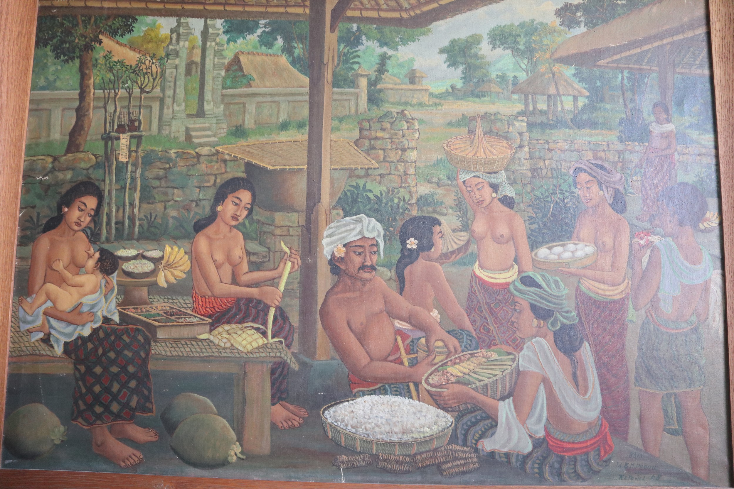 Jd B M Pubug Ketewel, '68: oil on canvas, Bali harvest scene with figures in a village, 30" x 44",