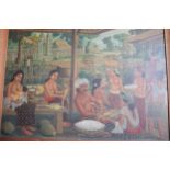Jd B M Pubug Ketewel, '68: oil on canvas, Bali harvest scene with figures in a village, 30" x 44",