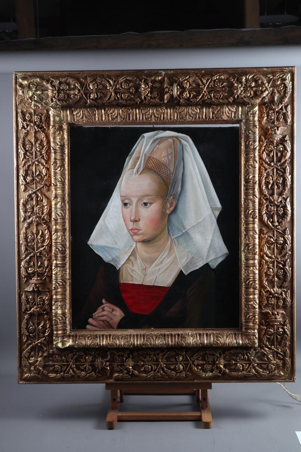 Dutch School after Van Eyke: oil on canvas, portrait of a woman, 22 1/2" x 19", in deep carved