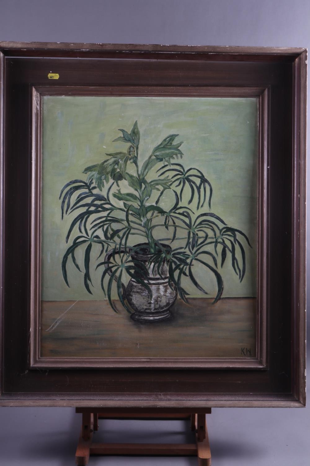 M K Warburton: oil on board, plant in a vase, 23 1/2" x 19 1/2", and another similar oil on board, - Image 2 of 2