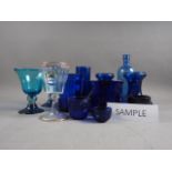 Two Bristol blue wine glass coolers, a green glass decanter, four Continental enamelled glass