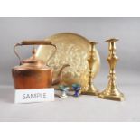 An assortment of metalware, including a copper kettle, two cloisonne egg cups, two brass trays, a