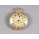 An 18ct gold cased pocket watch with gilt dial and Roman numerals, 46.3g overall