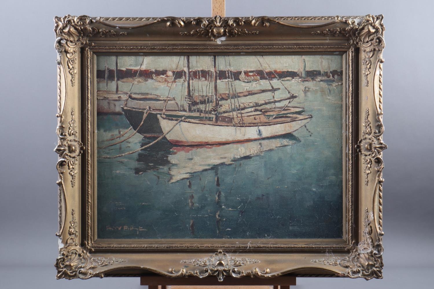 G W Pilkington?: oil on canvas, sailing yachts in harbour, 14 1/2" x 19 1/2", in gilt frame