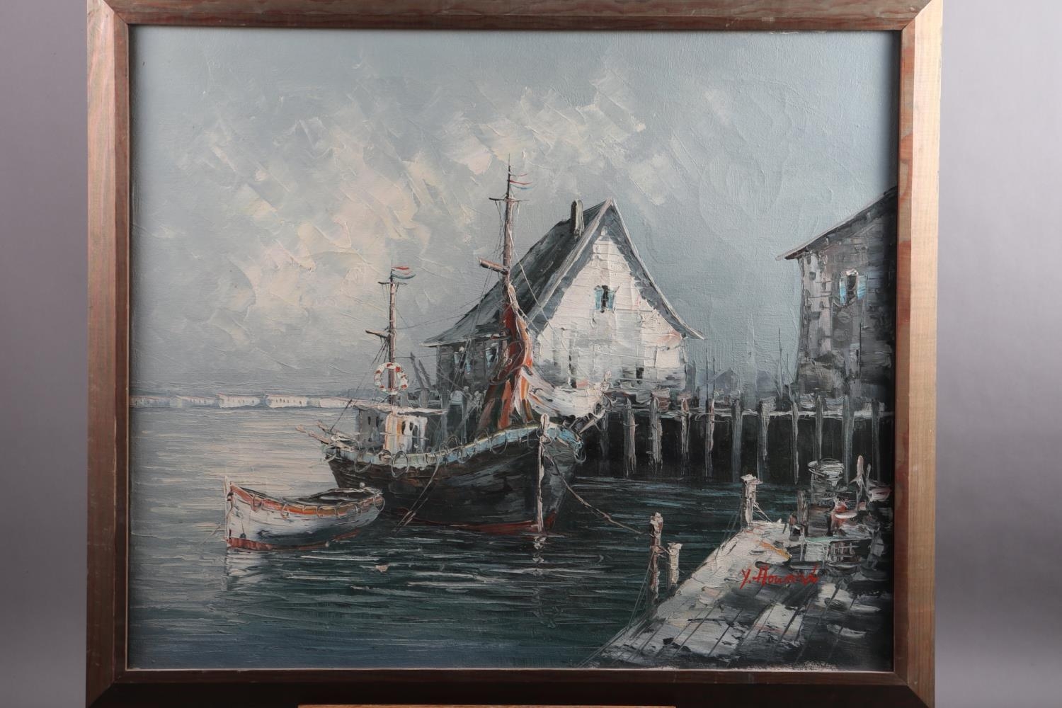 Y Howard: oil on canvas, harbour scene with fishing boat, 21 1/2" x 24 3/4", in strip frame