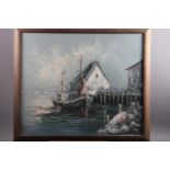 Y Howard: oil on canvas, harbour scene with fishing boat, 21 1/2" x 24 3/4", in strip frame