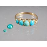 A yellow metal and turquoise five stone ring, size N, 2.5g