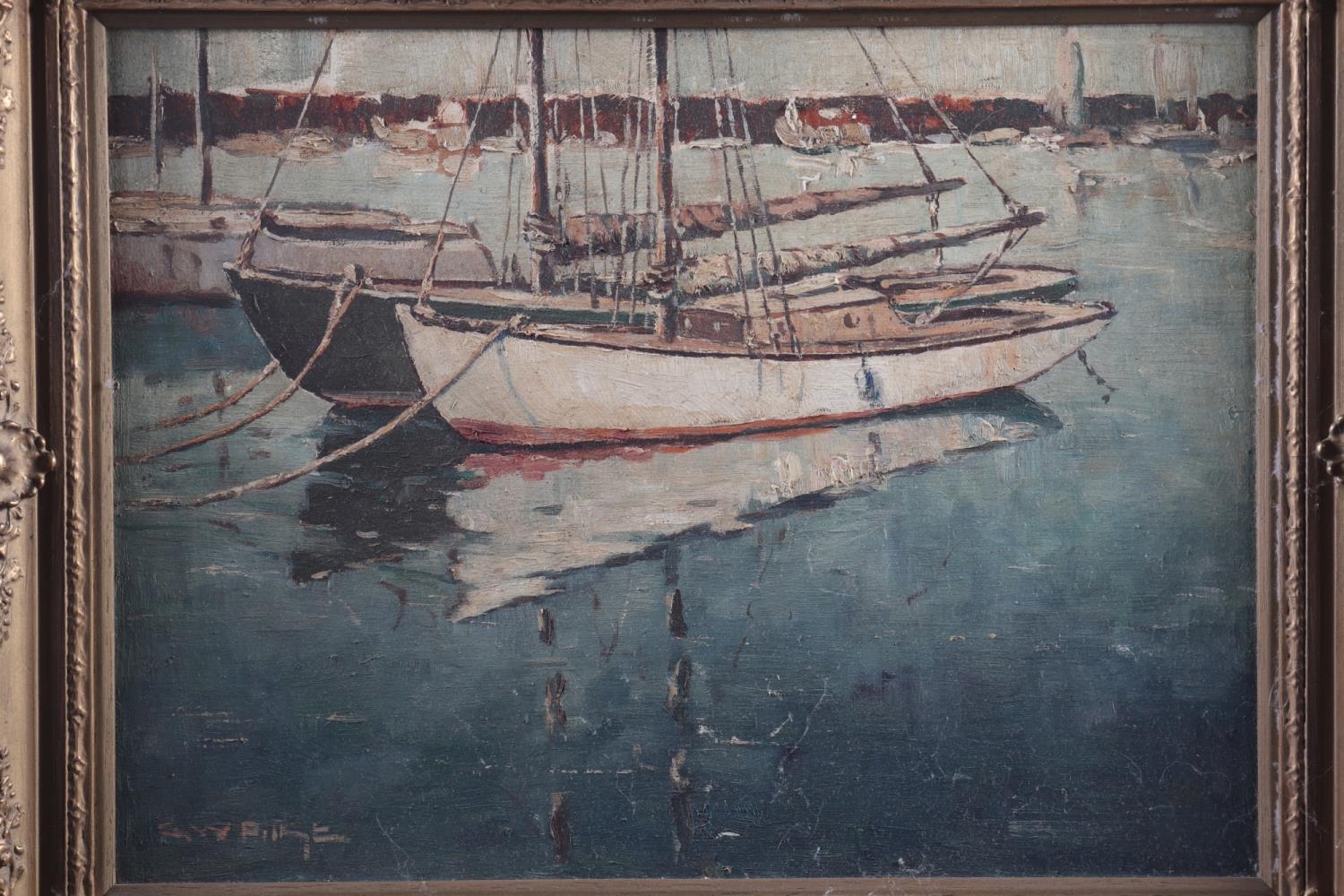 G W Pilkington?: oil on canvas, sailing yachts in harbour, 14 1/2" x 19 1/2", in gilt frame - Image 2 of 4