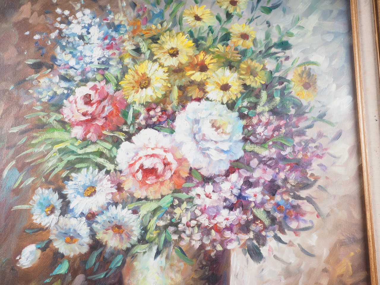 T Denver: oil on canvas, still life summer flowers, 23 1/2" x 19 1/2", in decorated frame - Image 3 of 3