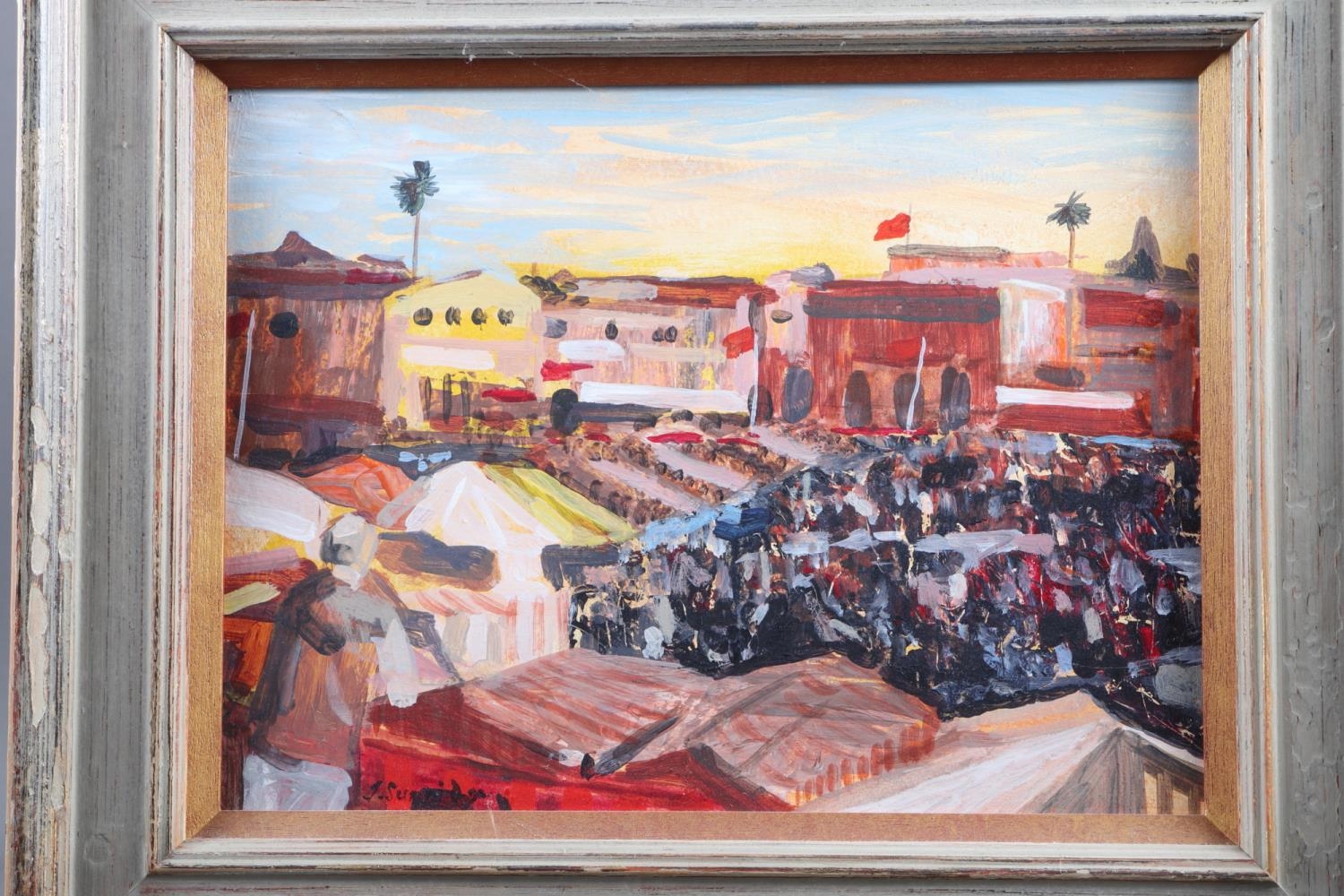 Jerry Sunridge, acrylic on board, "Morocco - Marrakesh Sunset", 9 3/4" x 13", in painted frame - Image 2 of 3