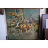 M S Sivnesan, '68: oil on canvas, city scene with elephant, 28" x 28", in teak frame, and a