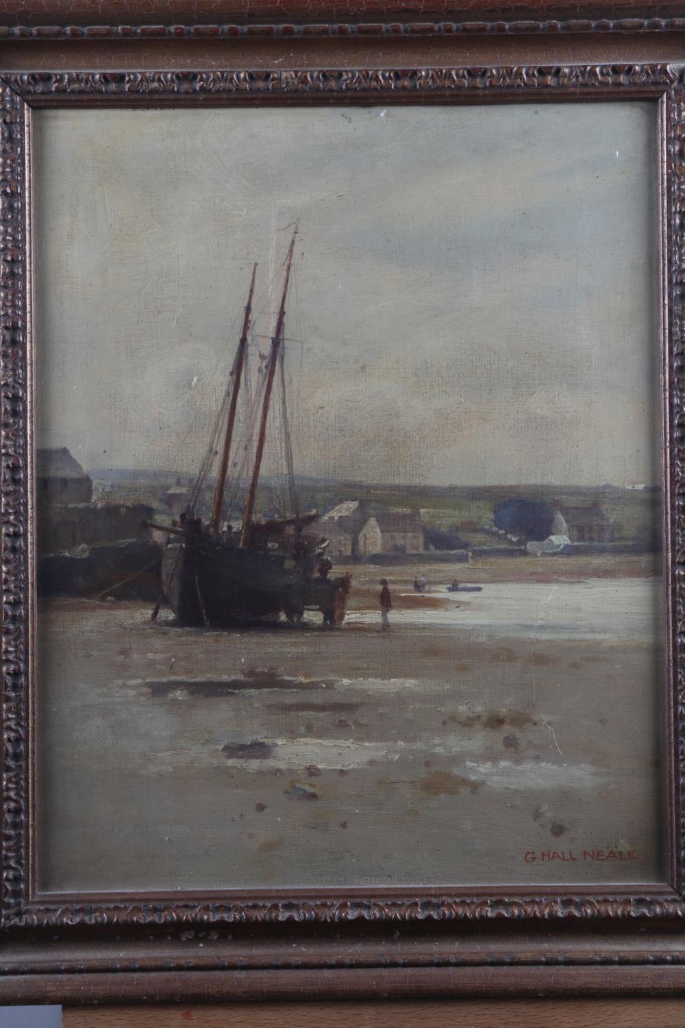 G Hall Neale: oil on board, coastal scene with fishing boat at low tide, 15 1/2" x 12 1/2", in - Image 2 of 5