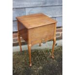 A walnut work table with lift-up lid, fitted one drawer, on cabriole supports, 16" square x 22"