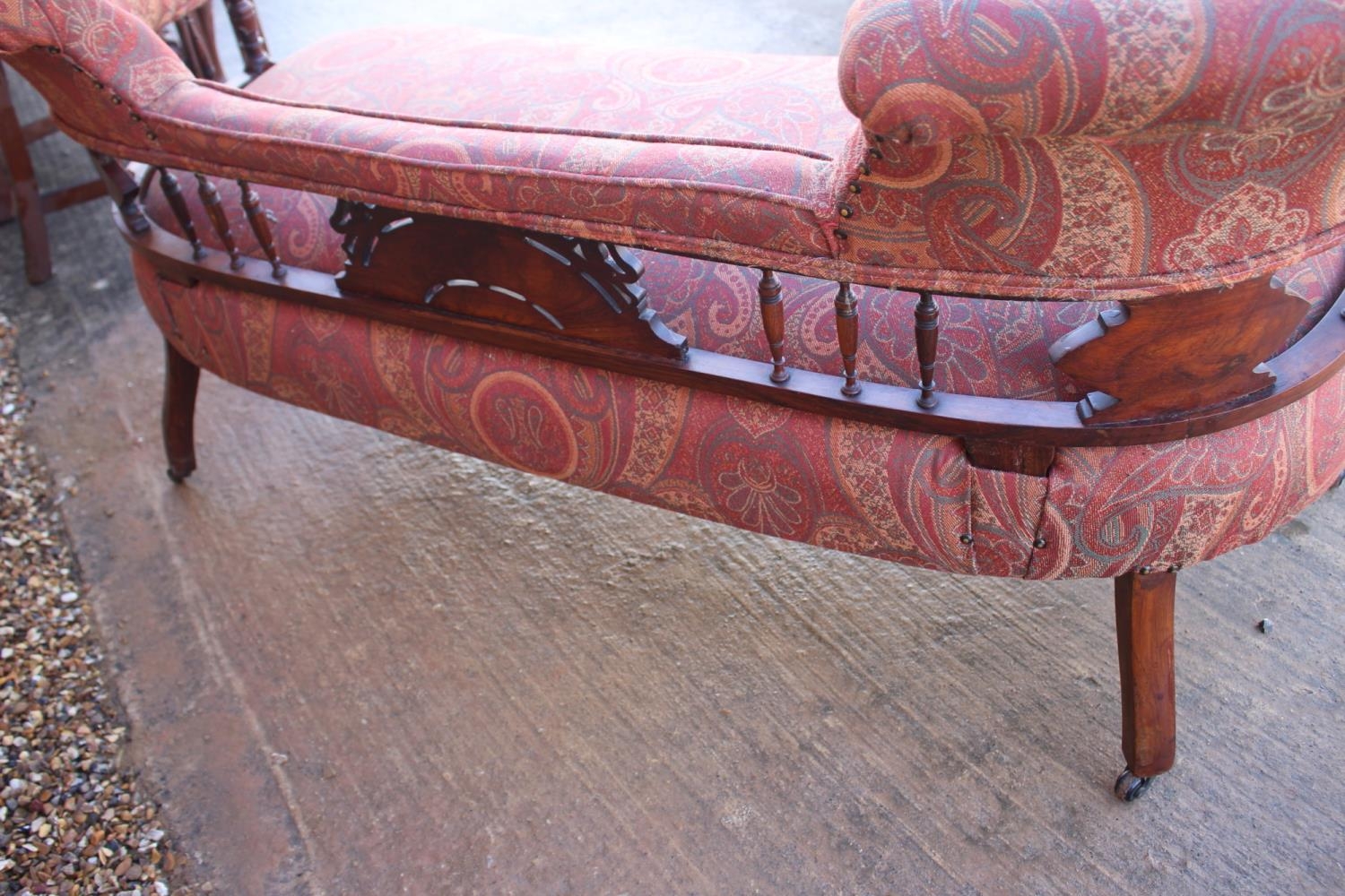 An early 20th century rosewood and line inlaid "conversation" settee with splat and spindle padded - Image 5 of 7