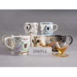 Six Wedgwood commemorative mugs, including The Royal Silver wedding, and six orange glass wines