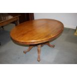 A Victorian mahogany oval loo table, on turned column and quadruple scroll splay supports, 54"