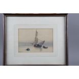 M Dufoir: watercolours, boat on calm waters, 5 1/2" x 8", in wooden strip frame, John Webster: