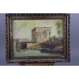 An oil on canvas, Philae Egyptian temple scene, 12 1/2" x 17 1/2", in gilt frame (damages to frame),