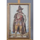 A watercolour of a South American hunter, 15" x 9", in gilt strip frame, and a French gouache, woman