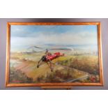 Dion Pears (1929-1985): oil painting of an autogiro in flight, signed in red, 24" x 36", in pine
